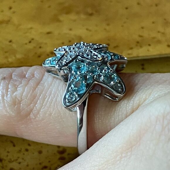 Natural Blue Apatite Moissanite Sterling Silver Starfish Ring Size 5 - Picture 3 of 9